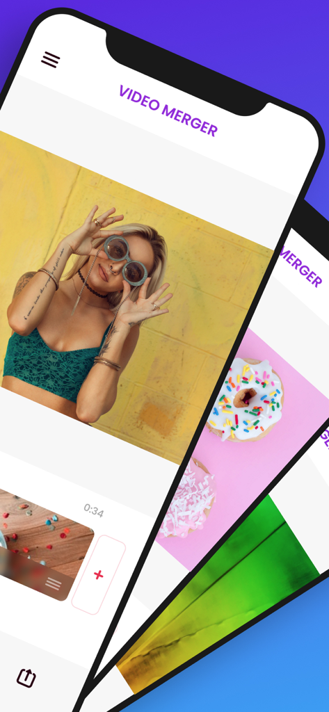 Screen of Video Merger app showing simple video editing and merging tools on iPhone