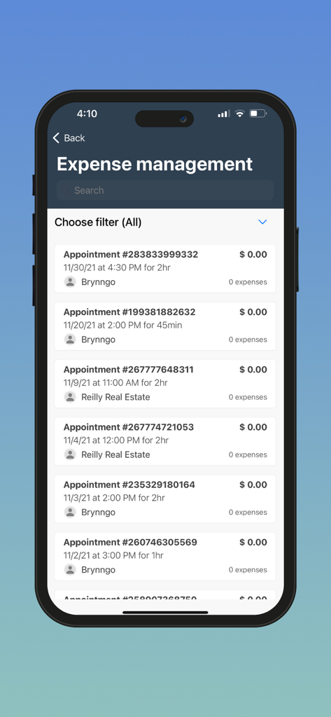 Mobile screen of the InterpretManager app displaying a list of professional appointments and expenses
