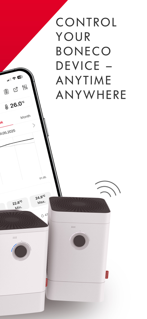 BONECO SMART - BONECO SMART app interface for remote air quality and device control on a smartphone