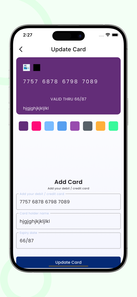 NFC Reader - Bank Card Wallet - Interfaz de la aplicación móvil para actualizar los detalles de la tarjeta de crédito y seleccionar un color de tarjeta digital.