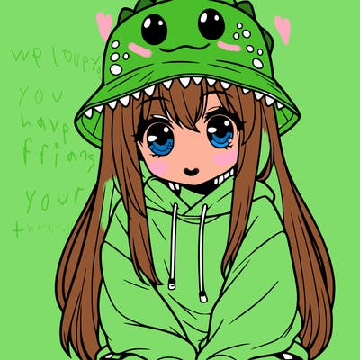 girl with anime shaped eyes with a dinosaur bucket hat oversized sweatshirt long straight hair