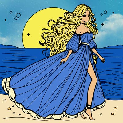 beautiful woman with a vaporous long dress walking on the beach at the noon, detailed art