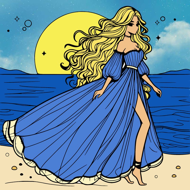 beautiful woman with a vaporous long dress walking on the beach at the noon, detailed art