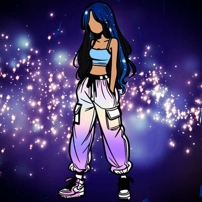 girl in baggy pants crop top and long hair