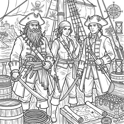 Dive into the thrilling world of high seas adventure with this intricate coloring page featuring legendary pirate captains. Bring these formidable figures and their treasure-laden ship to life with your favorite colors.