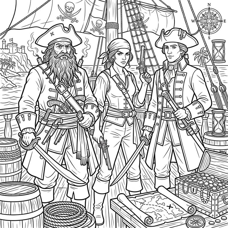 Dive into the thrilling world of high seas adventure with this intricate coloring page featuring legendary pirate captains. Bring these formidable figures and their treasure-laden ship to life with your favorite colors.