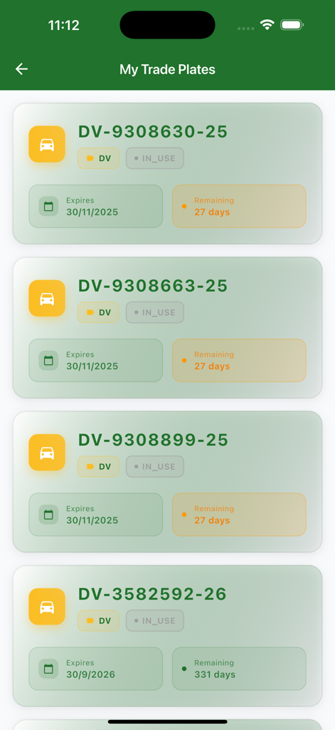 DVLA Ghana - A screen showing a list of digital trade plates with their plate numbers status and expiry dates on the DVLA Ghana app