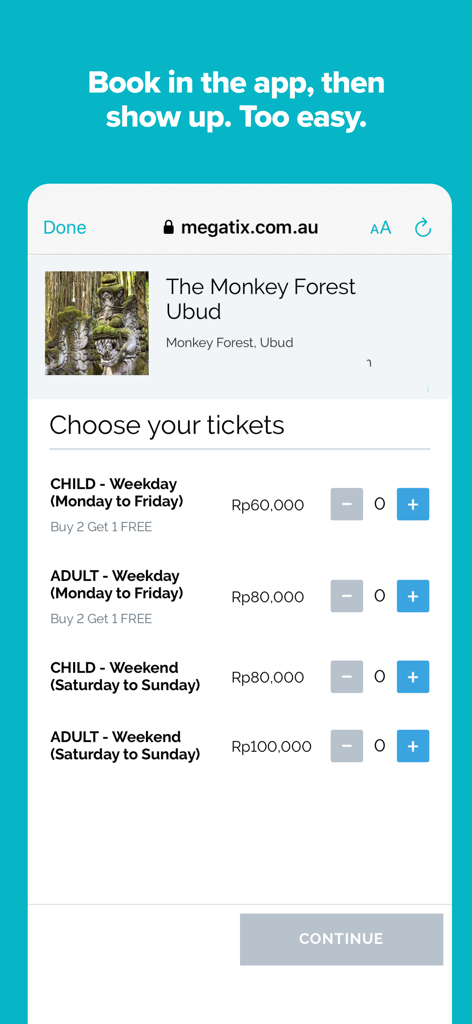 Bali App - Screenshot of the Bali App showing the ticket selection screen for Monkey Forest Ubud
