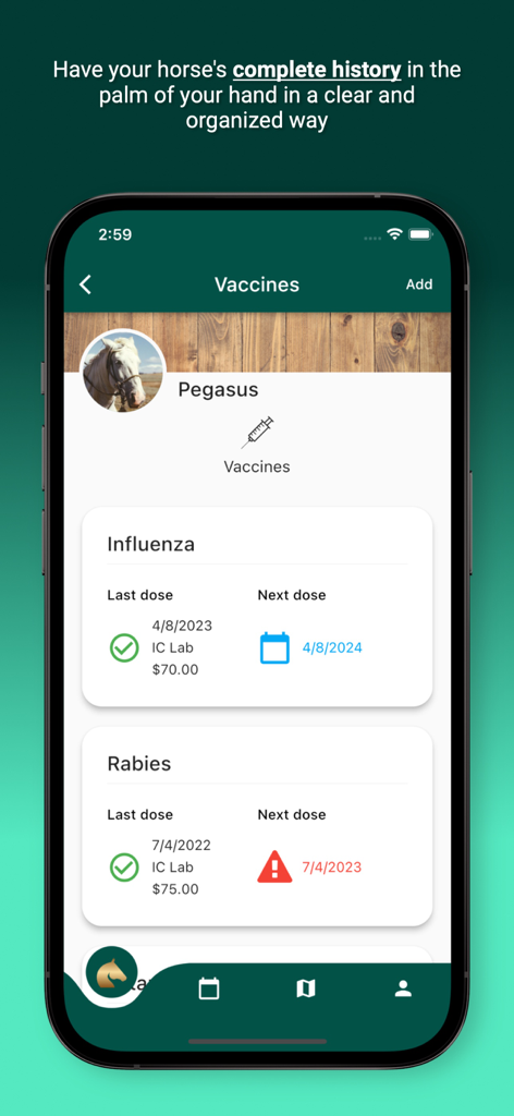 Horsefy - Horsefy app screenshot showing vaccination records and reminders for a horse