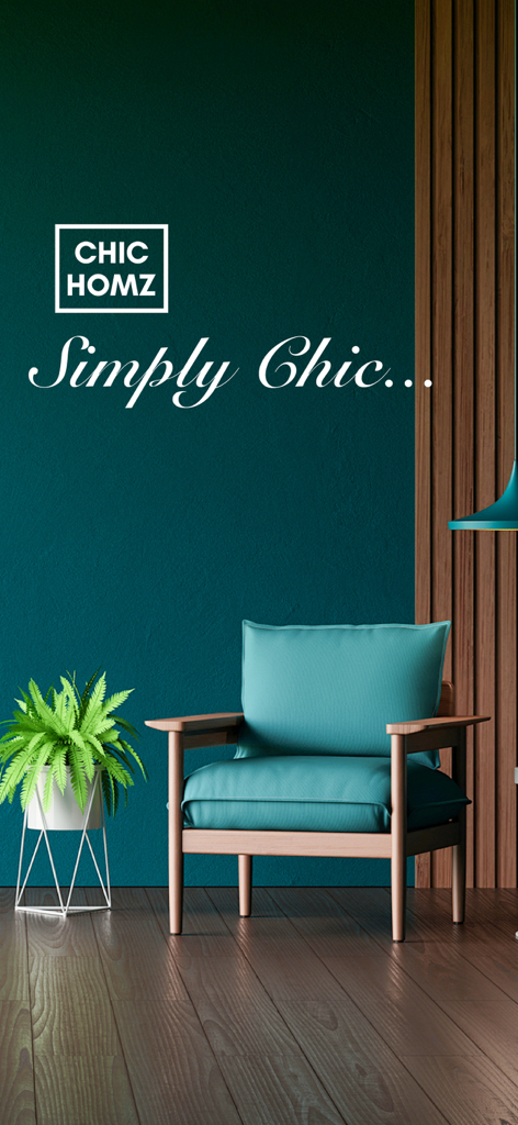 CHIC HOMZ - A modern teal armchair and a potted plant against a dark green wall with the Chic Homz logo