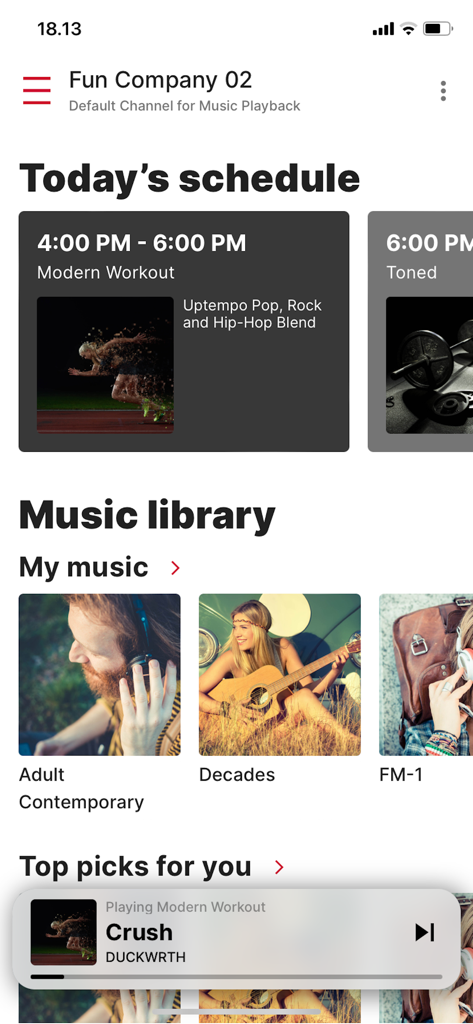 Mood Harmony - Mood Harmony app interface showing music schedule and library for a business environment.