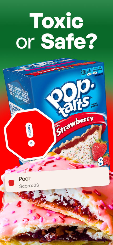 The Product Scanner & AI Food - Mobile app interface displaying a poor health safety score for a processed food product