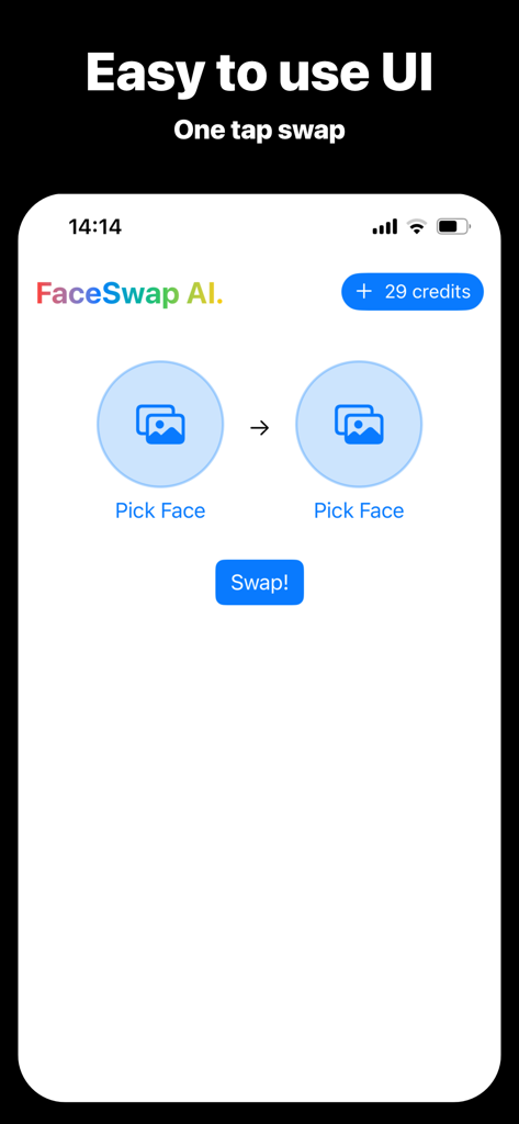 FaceSwap AI - Change Faces - Screenshot of FaceSwap AI app interface showing a simple one tap face swap process with two photo pickers and a swap button