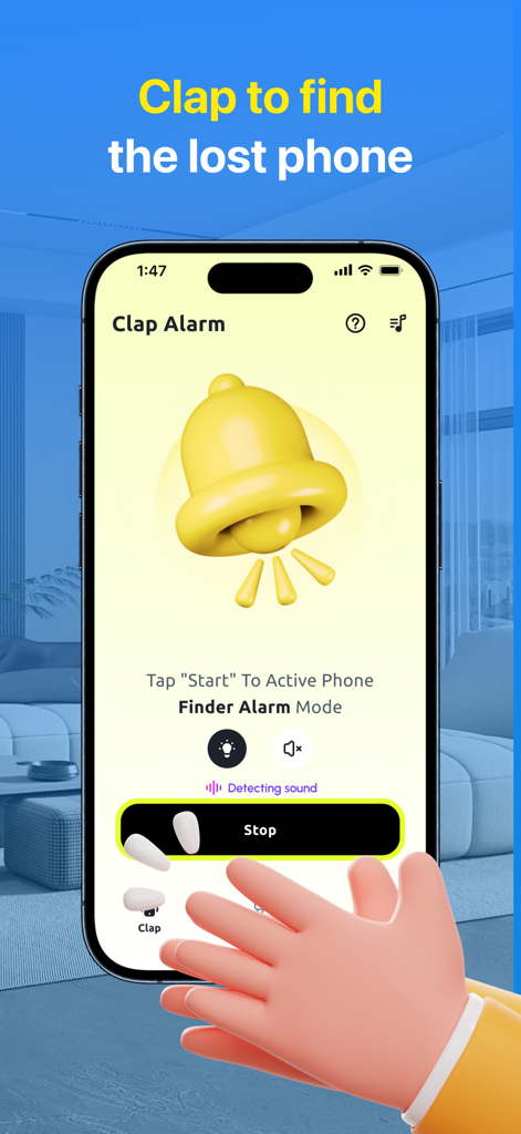 A smartphone screen displaying the Clap Finder app with a yellow bell icon and a hand clapping