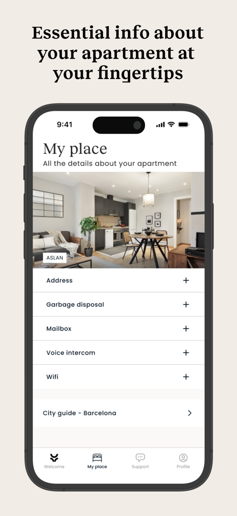 Ukio app screen displaying essential apartment information like wifi and address alongside a city guide for Barcelona