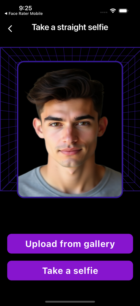 Attractiveness Test App - L'écran de capture et de téléchargement de selfie de l'Attractiveness Test App présentant un portrait d'homme comme guide.