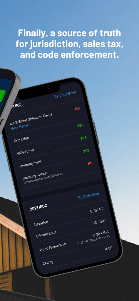 Interface d'application mobile montrant les exigences du code du bâtiment pour la toiture, y compris les spécifications des bordures de goutte et des sous-couches