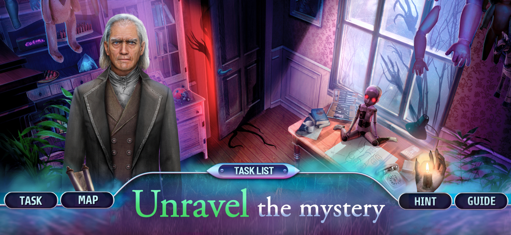 Paranormal Files 9: F2P - Un hombre mayor con traje de pie en una habitación espeluznante con sombras y muñecas en un juego de misterio de objetos ocultos