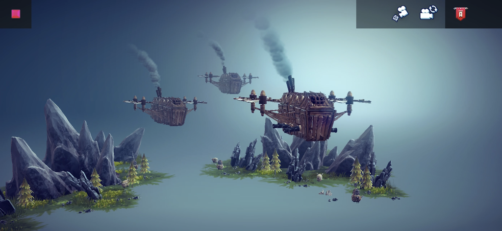 Besiege Mobile - 岩だらけの風景の上空に浮かぶ、3隻の木製飛行船。Besiege Mobile。