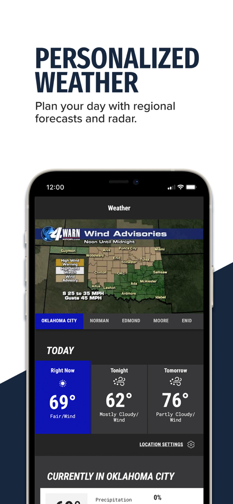 KFOR News 4 app interface showing Oklahoma City weather and wind advisories