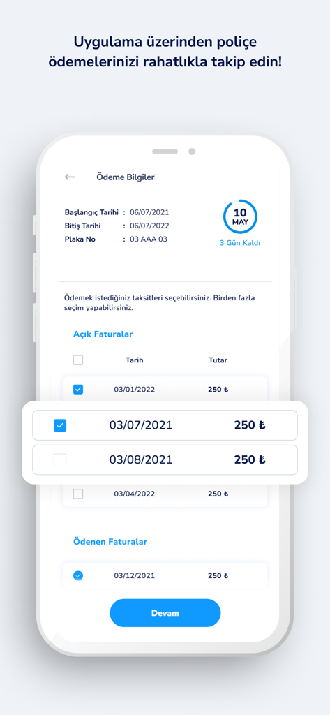 Mobile app screen showing insurance payment details with open and paid invoice lists
