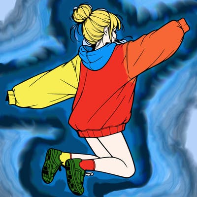 realistic girl jumping with a bun and oversized sweatshirt
