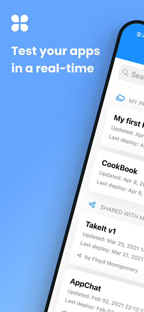 AppMaster Developer - AppMaster Developer mobile screen showing a list of projects for real time app testing and preview