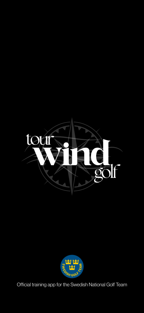 Tour Wind Golf app splash screen with logo and Swedish National Golf Team official partner badge