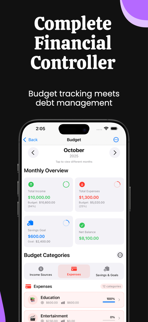 DebtZero - Debt Payoff Planner - Pantalla de la aplicación móvil que muestra una descripción general del presupuesto mensual con ingresos totales, gastos totales y objetivos de ahorro
