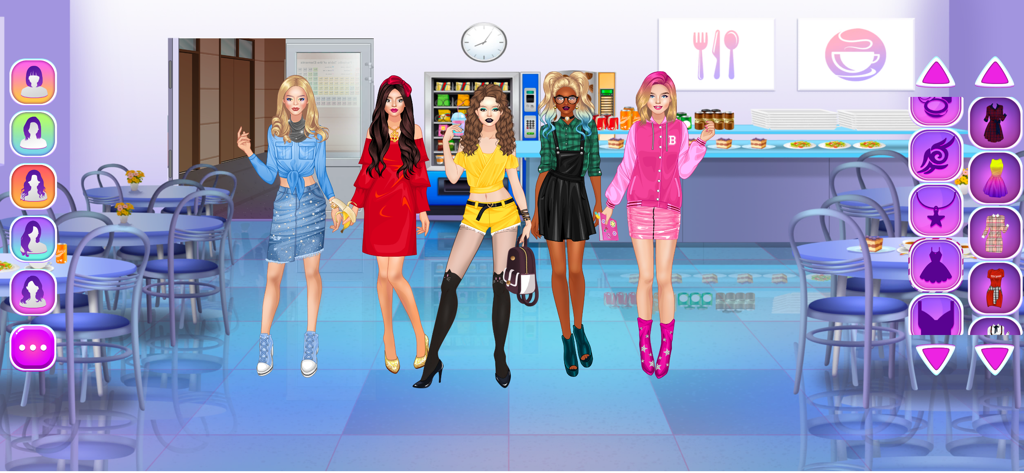 Un escuadrón de cinco universitarias elegantes vestidas con atuendos de moda dentro de una cafetería escolar