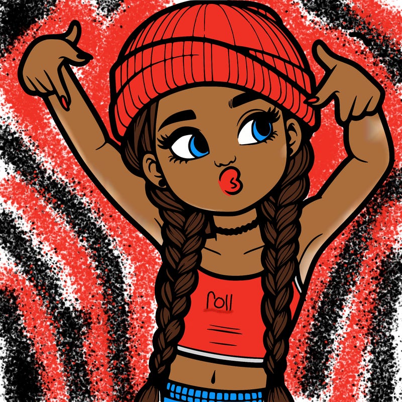 realistic teenage girl with braids and a beanie and crop top doing 🫶🏼