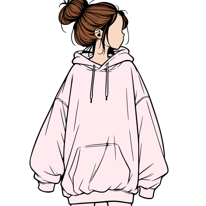 realistic girl with a oversized sweatshirt on and a bun