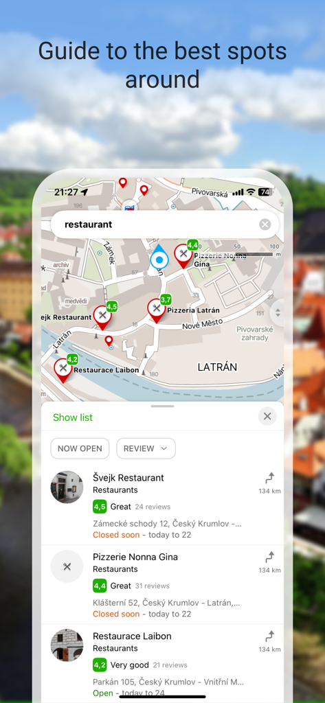 Mapy.com app interface showing a map with restaurant markers and a list of local spots with user ratings