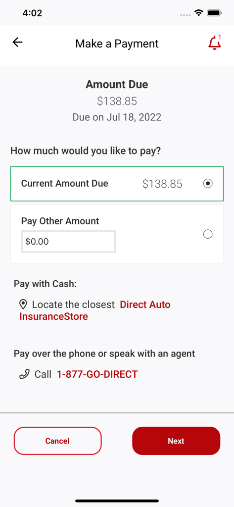 Direct Auto Insurance app make a payment screen displaying amount due and payment options