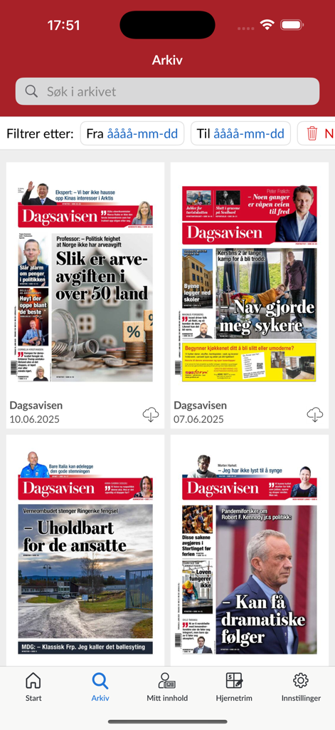 Dagsavisen e-avis - Archive screen of the Dagsavisen e-avis app showing digital newspaper editions