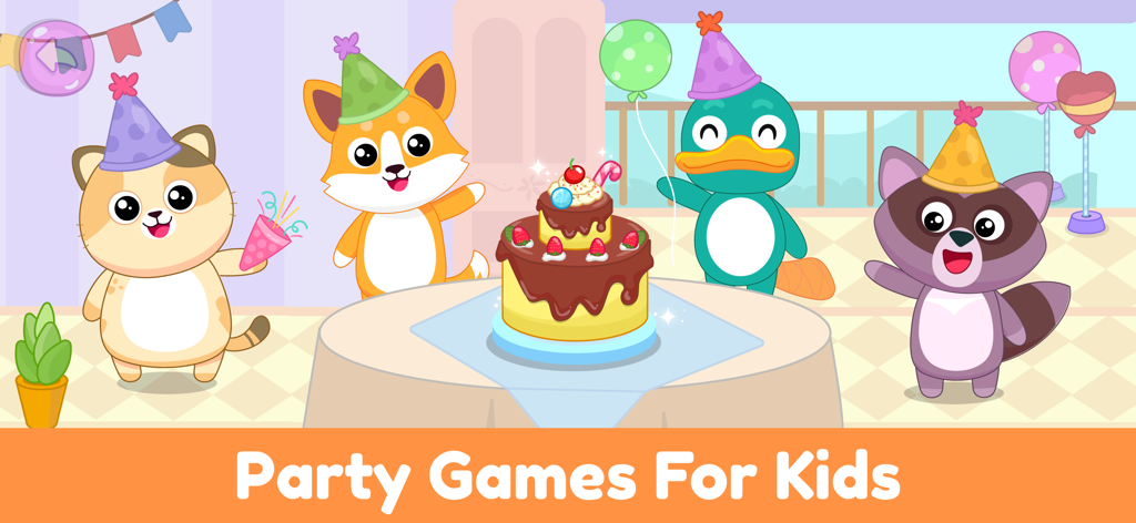 Kids Cooking Games for Toddler - Animais de desenho animado celebrando em torno de um bolo de aniversário em uma cena de jogos de festa para bebês
