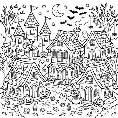 Dive into a world where spooky meets adorable with this enchanting Kawaii Halloween village coloring page. Featuring charming haunted houses and friendly ghosts, it's perfect for a delightful coloring session.