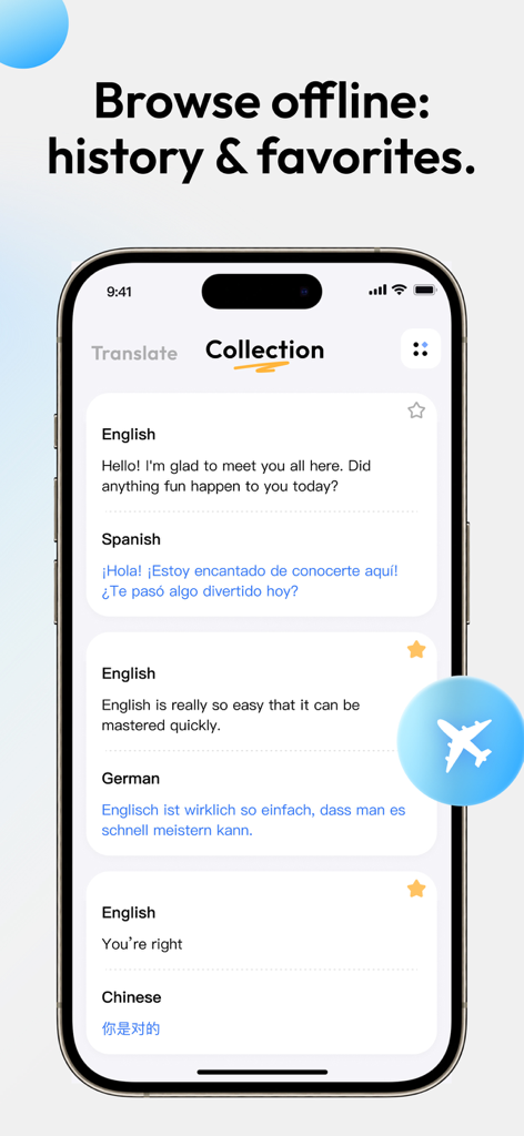 Instant Translator - Translate - Captura de tela mostrando o recurso de coleção de traduções para acesso offline com histórico salvo e favoritos