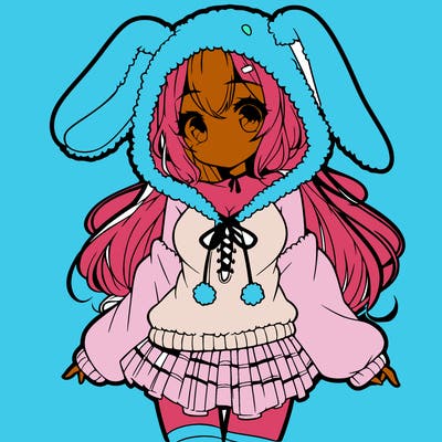 pretty anime girl wearing a fluffy hoodie with bunny ears on the hood and a skirt