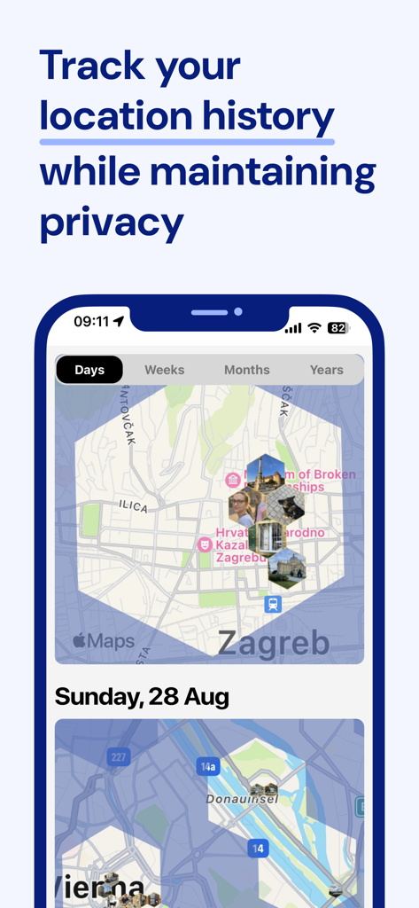 Been & Done Travel Journal Map - Eine mobile Oberfläche zeigt die Reise-Standortverlauf auf einer Karte mit Fotos und einer Datenschutzmeldung