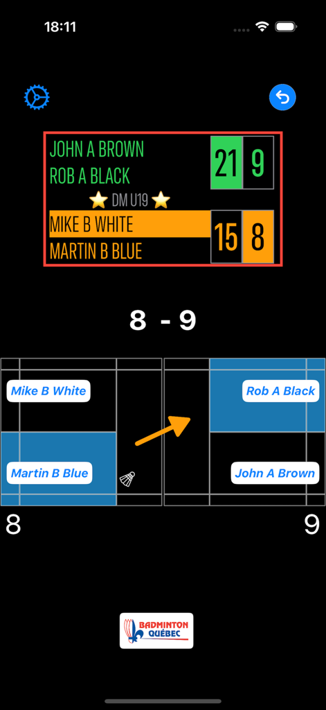 A badminton umpire app interface showing player scores and court positions