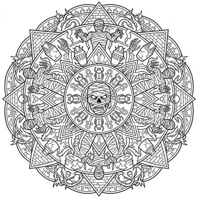 Discover the chilling beauty of our Horror Mummy Mandala, a perfectly symmetrical design brimming with ancient terror. Unleash your creativity on reanimated figures, mystic symbols, and intricate patterns for a hauntingly unique coloring experience.