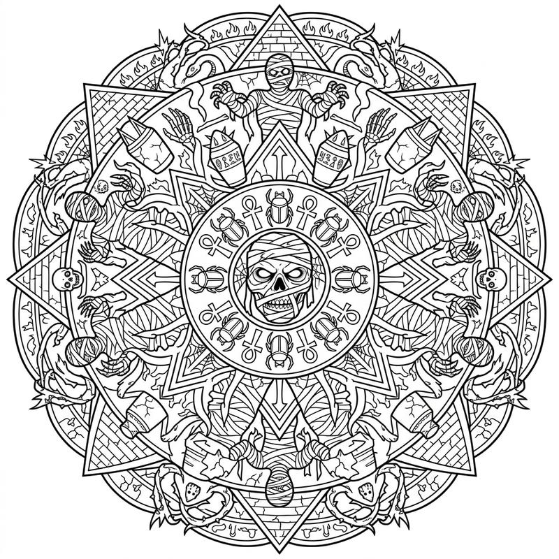 Discover the chilling beauty of our Horror Mummy Mandala, a perfectly symmetrical design brimming with ancient terror. Unleash your creativity on reanimated figures, mystic symbols, and intricate patterns for a hauntingly unique coloring experience.