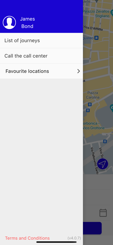 GOXGO - Menu laterale dell'app taxi GOXGO che mostra le opzioni dell'utente e la mappa