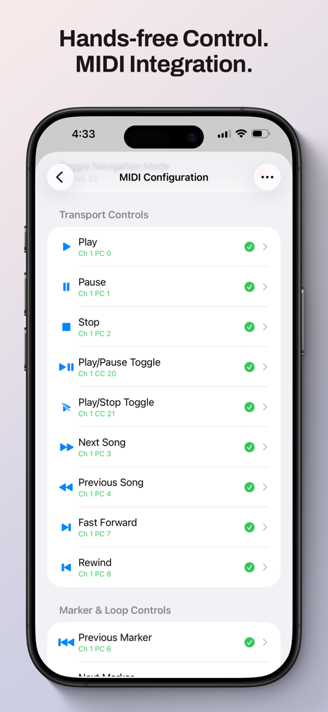 MIDI configuration screen showing transport controls for hands-free audio playback