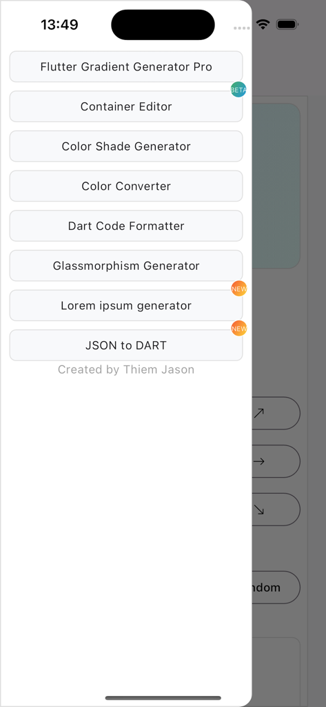 Flutter Tools & UI Builder Pro - Main menu of the Flutter Tools and UI Builder Pro app showing a list of developer utilities like Gradient Generator and JSON to Dart converter