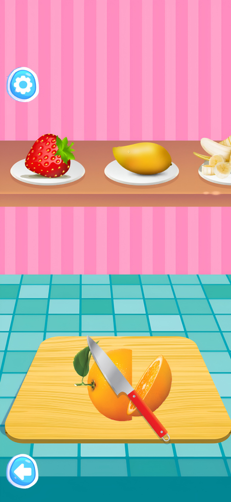 Ice Cream Maker | Cooking Game - Una escena de cocina digital que muestra una naranja siendo cortada en una tabla de cortar de madera con un cuchillo en un juego de cocina para niños.
