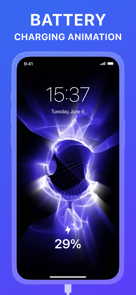 iPhone screen displaying a battery charging animation with abstract purple light effects and battery percentage