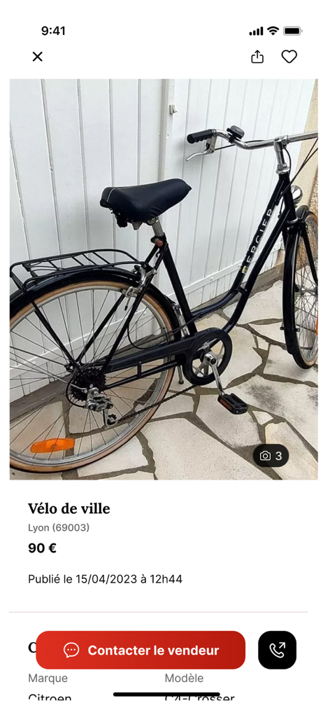 Anuncio de una bicicleta de ciudad negra por 90 euros en Lyon en la aplicación de clasificados ParuVendu
