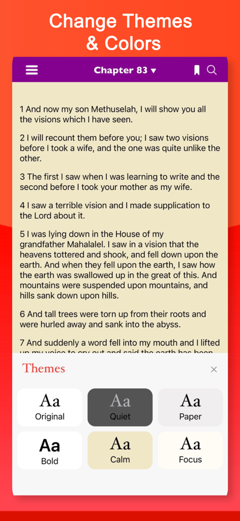 A mobile interface for the Book of Enoch app showing various reading theme and color options like Quiet, Paper, and Focus.